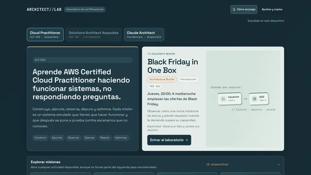 Portada de architect//lab: las certificaciones disponibles, «Aprende AWS Certified Cloud Practitioner haciendo funcionar sistemas» y la misión Black Friday in One Box.