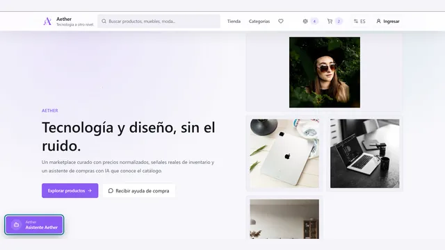 Captura completa de la portada de Aether: navegación, el titular «Tecnología y diseño, sin el ruido», acciones y productos destacados.
